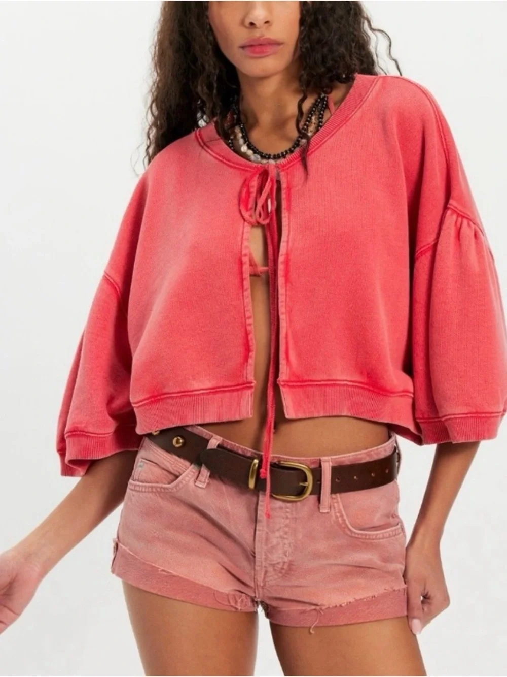 Free People Cozy Coral Tie-Front Sweatshirt cardigan